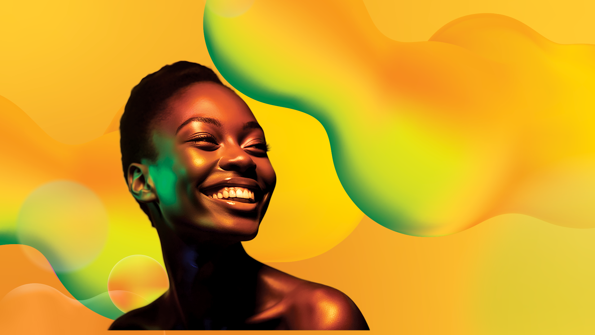 Mulher negra sorridente olhando para o lado, com fundo amarelo e grafismos nas cores verde e amarela