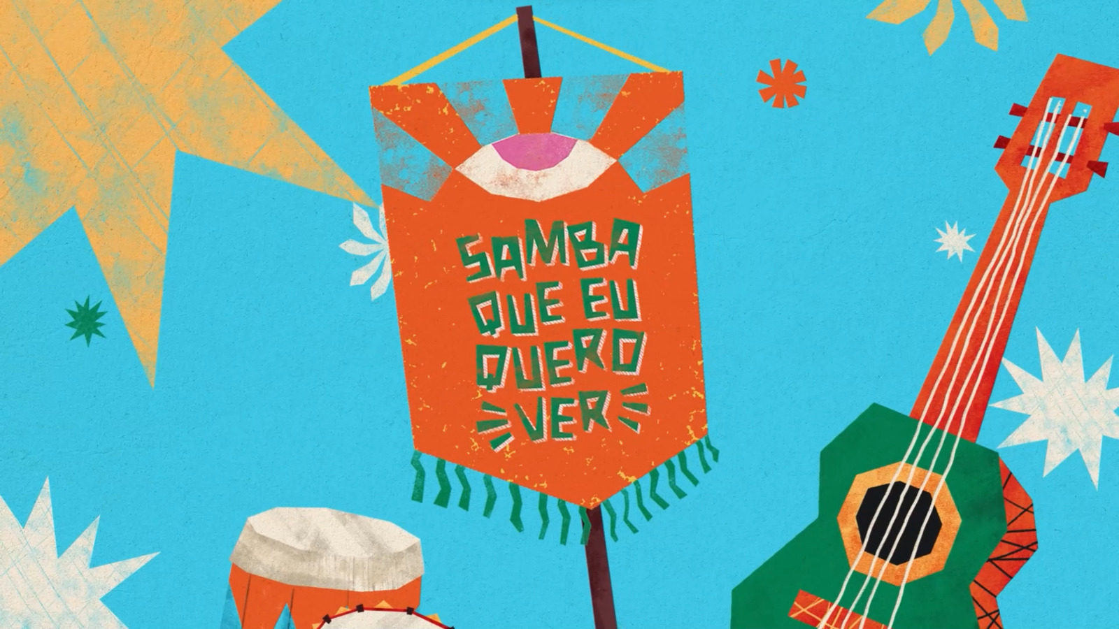 Arte do evento Samba Que Quero Ver, com desenhos de um estandarte, um violão, dois tambores e estrelas