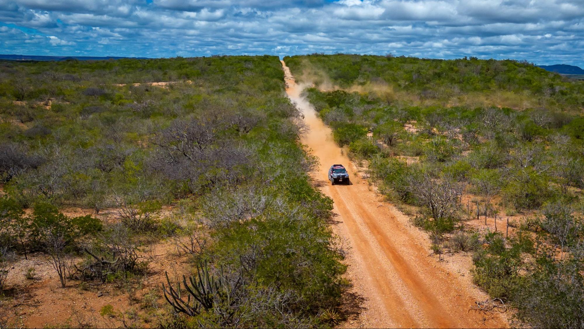 Carro avança em trilha de terra ladeado por vegetação sertaneja.