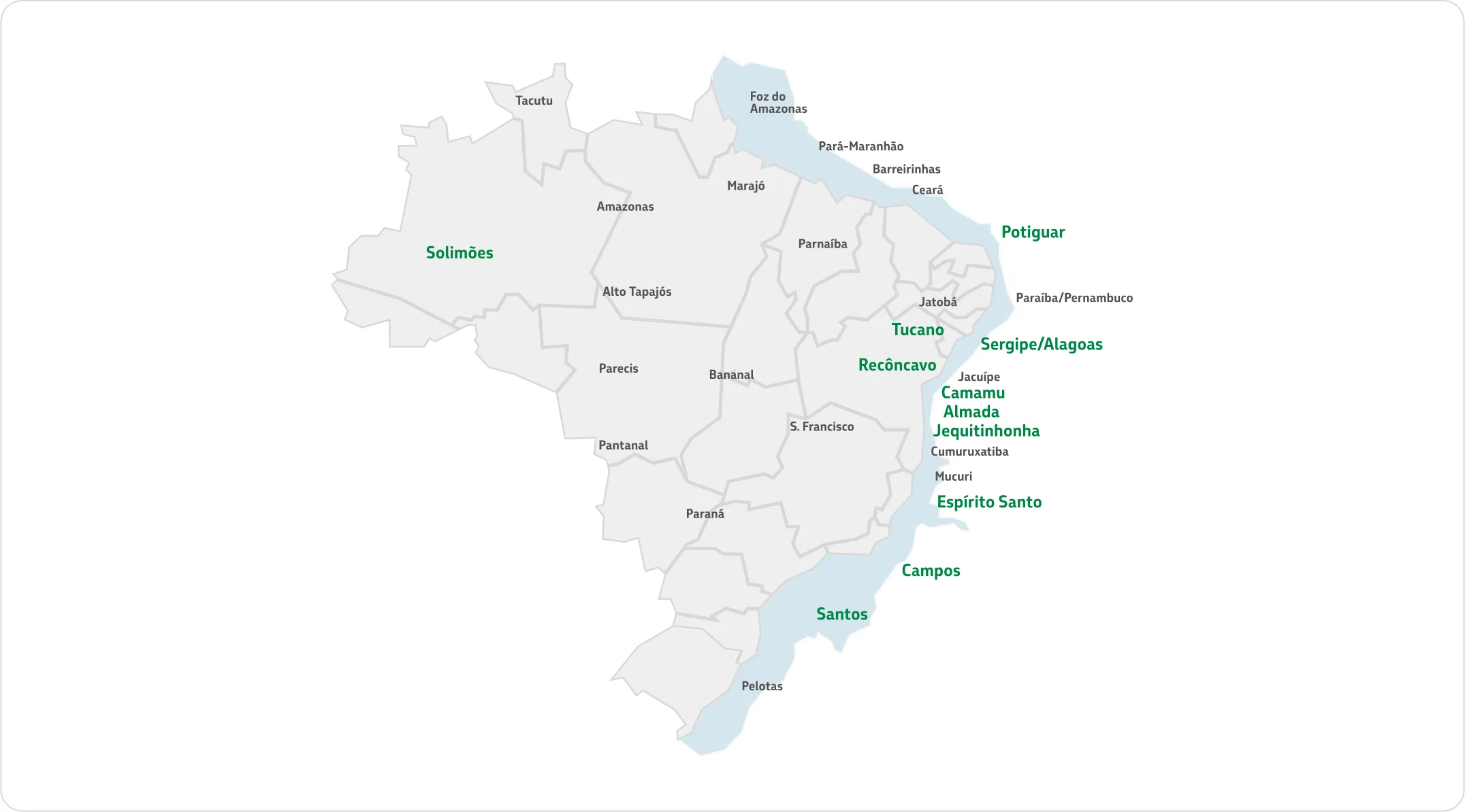 Mapa mostrando todas as bacias produtoras marítimas e terrestres