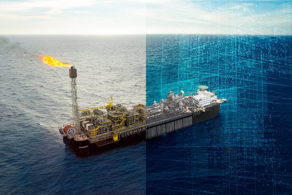 Plataforma da Petrobras. Metade dela está no mar e a outra metade está sobre um fundo formado por linhas, mais tecnológico.